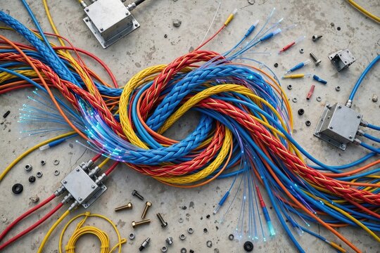 Tangled Electrical Wires and Cables on Concrete Surface