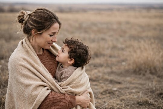 Tender Mother Embracing Child in Open Field