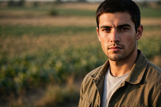 Thoughtful Portrait of Young Man in Open Field at Golden Hour