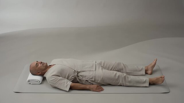 Yoga man, meditation and relaxation on mat for mindfulness, mental health and wellness. Male person, sleeping and calm in studio with zen, peaceful routine and body balance for stress relief