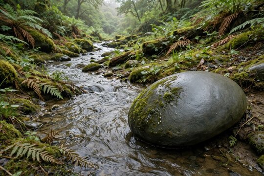 Tranquil Forest Stream with Mossy Rocks and Lush Greenery