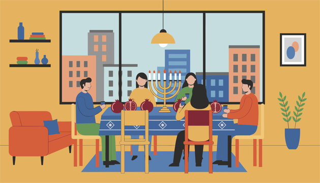 Friends gather around a table with a menorah and pomegranates to celebrate hanukkah in a modern apartment overlooking the city skyline.