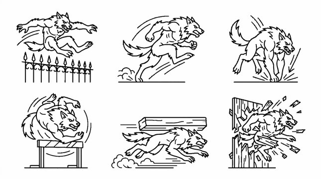 A collection of six hand drawn illustrations depicting a werewolf in various dynamic action poses.