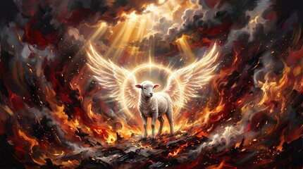Fototapeta premium lamb with angel wings standing calmly within a firestorm