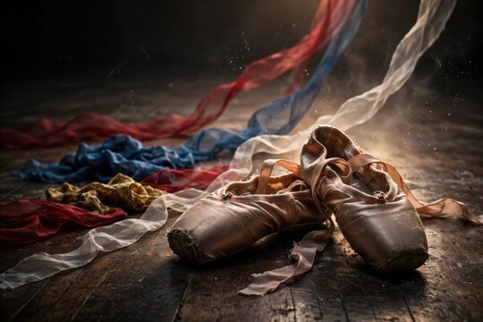 Vintage Leather Boots on Rustic Wood Floor with Flowing Ribbons