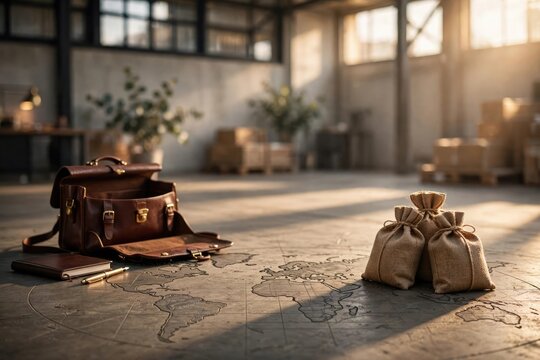 Vintage Leather Briefcases on World Map in Industrial Loft
