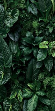 Dense arrangement of tropical houseplant leaves in deep green tones, with glossy heart-shaped foliage, layered textures, and lush mossy accents, creating a natural jungle pattern