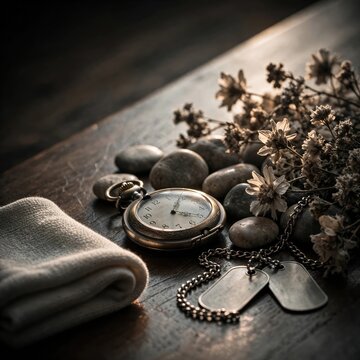 Vintage Pocket Watch and Dried Flora on Rustic Wood Surface