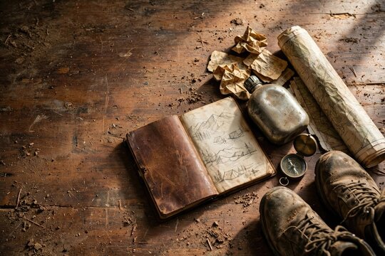 Vintage Scholar's Desk Flat Lay with Books, Quill, and Boots