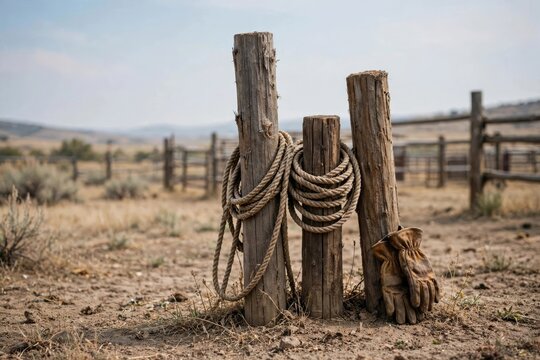 Weathered Wooden Fence Posts in Arid Desert Landscape