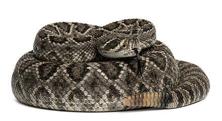 Naklejka premium A single Diamondback Rattlesnake resting with its body curleded on white background for wildlife design projects