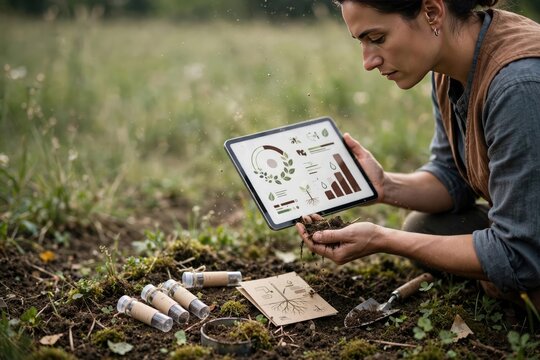 Woman Analyzing Data on Tablet in Natural Outdoor Setting