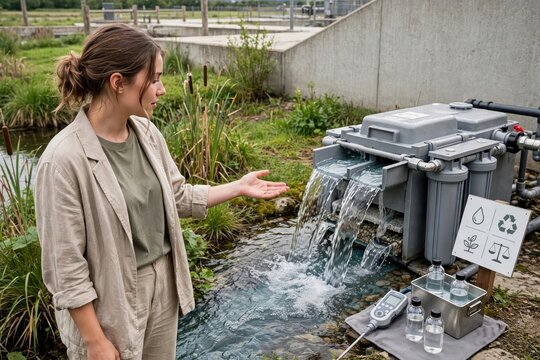 Woman Observing Sustainable Water Filtration System Outdoors