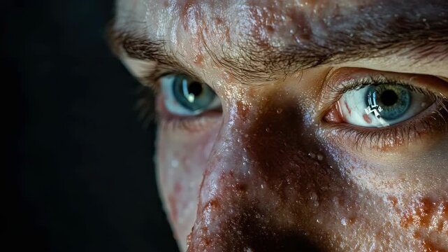 A man's face in detail, showing wrinkles and pores, with a thoughtful look.