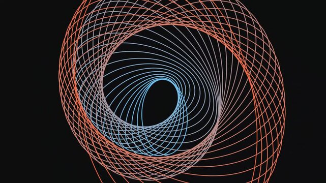 Geometric spiral line animation of orange and blue spirograph patterns rotating on black background