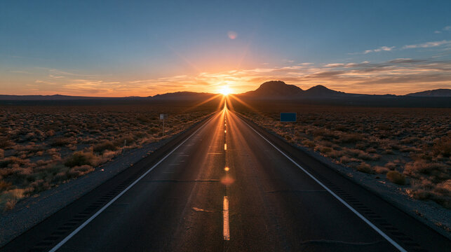 Straight Empty Desert Highway Towards Sunrise on Horizon