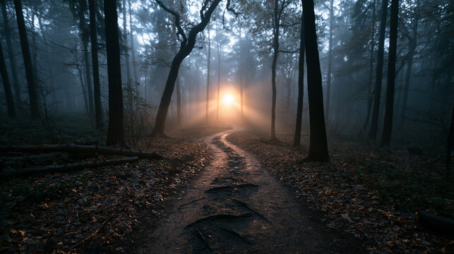 Bright Glowing Light on Path Through Foggy Dark Forest