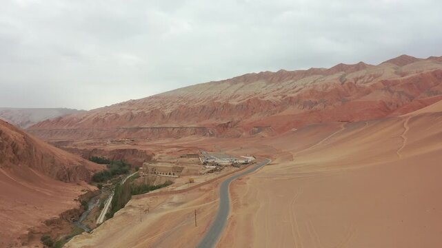 Aerial view of Toyuq Valley  ancient village and canyon in Turpan, Xinjiang, China