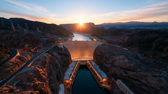 Aerial View of Hoover Dam at Sunrise Over Colorado River