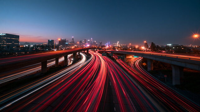Freeway Traffic Light Trails Toward Downtown City Skyline at Night