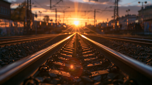 Railway Tracks Leading into Bright Golden Sunset at Dusk