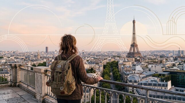Tourist with Backpack Overlooking Paris Skyline and Eiffel Tower