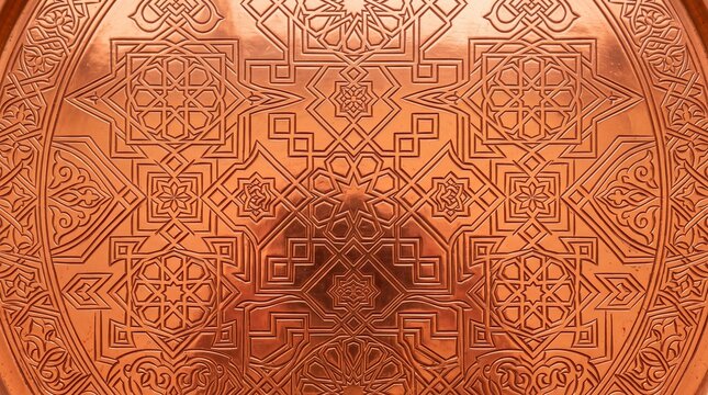 Ornate Traditional Islamic Geometric Pattern Engraved on Copper Tray