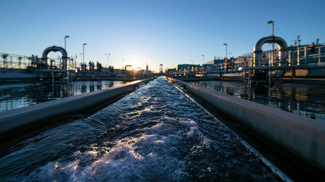 Water Treatment Plant with Purified Flowing Water at Sunset