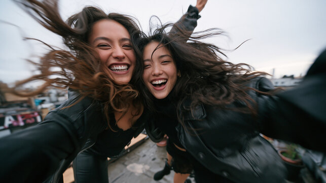 Joyful Young Women Laughing and Taking Selfie Outdoors