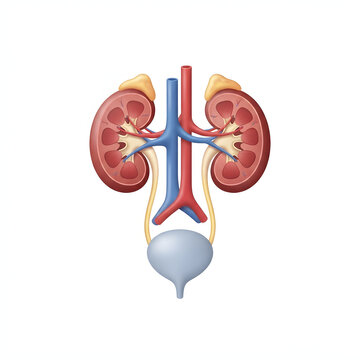 3D medical illustration of human kidneys with urinary system anatomy and blood vessels