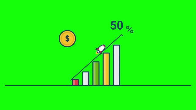 Rocket Rising Over Bar Chart with 50 Percent and Dollar Coin on Green Screen