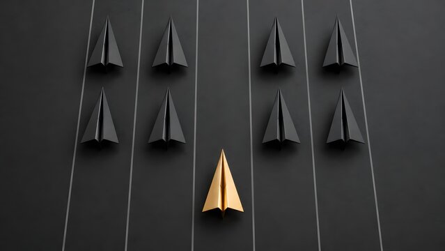 Golden paper airplane flying against the flow in opposite direction of black airplanes representing unique business strategy and leadership