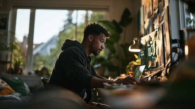 Young Man Working on Laptop in Home Office