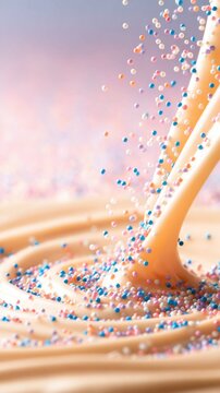 A swirl of creamy mixture with colorful sprinkles cascading into it, creating a festive look