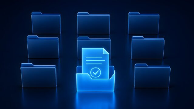 Glowing neon blue digital folder with a checked document standing out representing data organization and approved business files