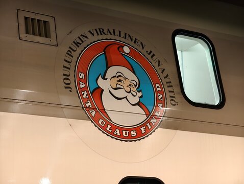 Turku, Finland-Nov.30th 2025: Close-up of Santa Claus logo on the carriage of a Finnish VR Santa Claus Express train