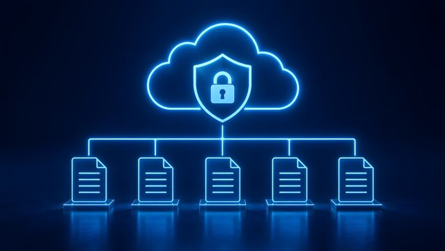 Futuristic neon blue cloud computing shield and padlock connecting to digital files representing cyber security and data protection