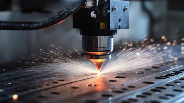 High-resolution of a CNC machine in the process of milling a metal part, with visible sparks and precision.