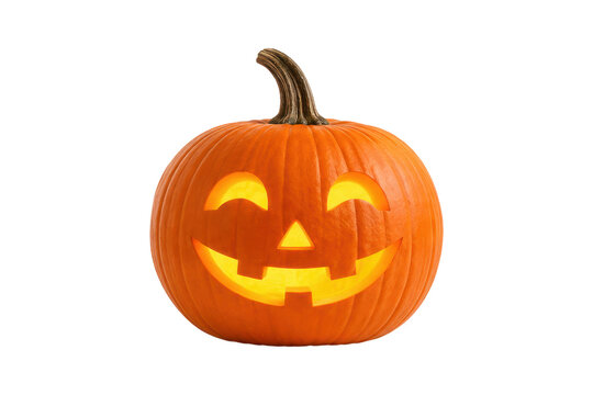 Glowing carved Halloween jack-o'-lantern pumpkin with a cheerful smiling face, isolated on a clean white background, perfect for autumn holiday and seasonal decoration concepts.