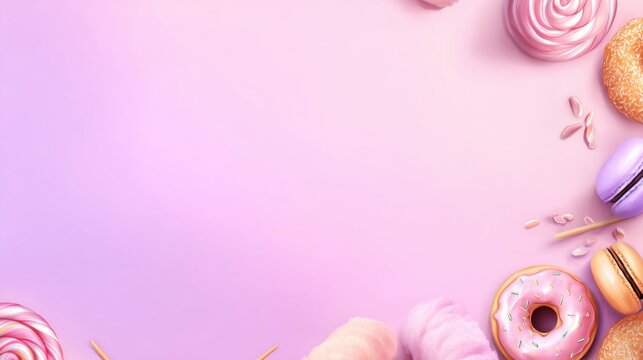 A delightful arrangement of various colorful pastries and desserts on a soft pastel background