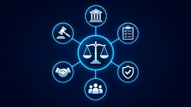 Glowing blue neon justice scales surrounded by business icons representing corporate compliance regulation and legal tech solutions