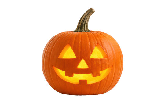 Glowing carved Halloween jack-o'-lantern pumpkin with a cheerful spooky face, isolated on a clean white background.
