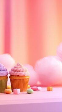 Two colorful cupcakes sit alongside pastel candy and cotton candy against a soft gradient background