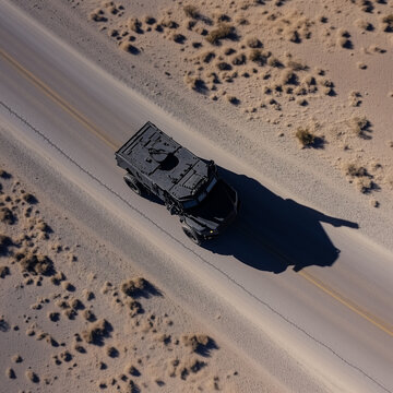 An armored car is driving along a deserted road, top view. Dark military vehicles cast a long shadow on the asphalt. Shooting from a drone to military equipment.