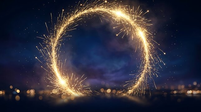 A bright golden circular firework display illuminating the night sky above a calm dark water surface