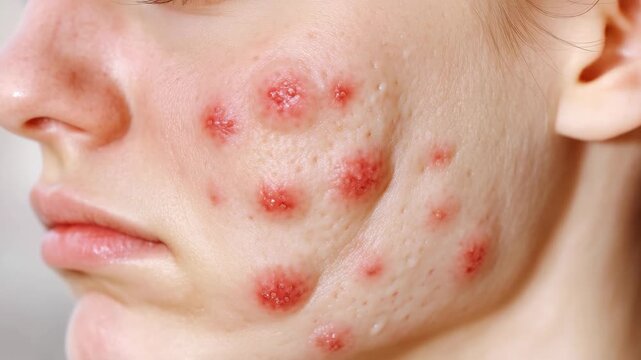 Close-up of human face with visible acne lesions. Red bumps clustered on cheek and jawline. Skin texture and pores clearly defined. Natural lighting highlights skin imperfections