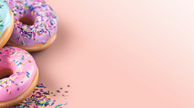 A colorful assortment of donuts with sprinkles on a soft pastel background
