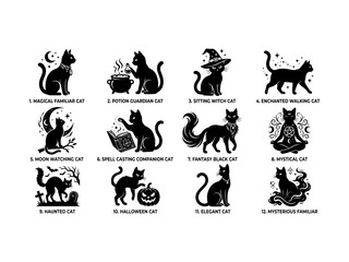Naklejka premium Set of twelve black cat silhouettes for halloween projects in various mystical poses.