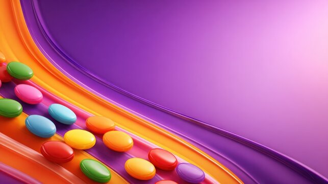 A vibrant abstract composition featuring colorful shapes on smooth flowing waves of color