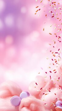 A dreamy, pastel-colored background with scattered sprinkles and fluffy pink elements